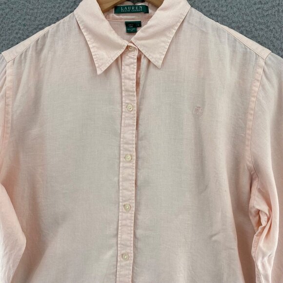 Lauren Ralph Lauren Shirt Womens Large Pink Linen Roll Tab Sleeve Button Collar - Picture 3 of 10